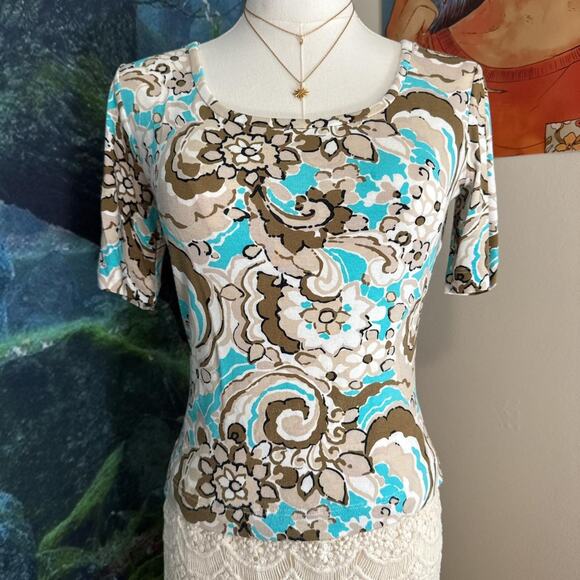 st. john retro floral swirl fitted stretch top preppy vintage - Picture 2 of 5